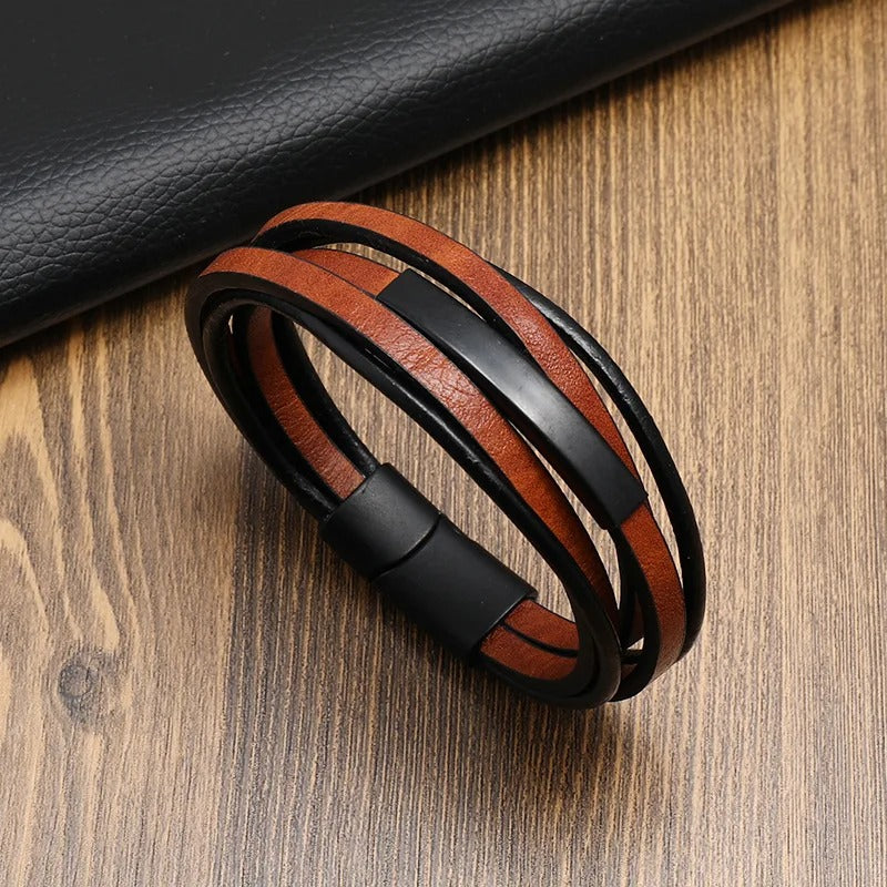 Heren Multi-Laags Leren Armband | Retro Punk Stijl | Magnetische Sluiting