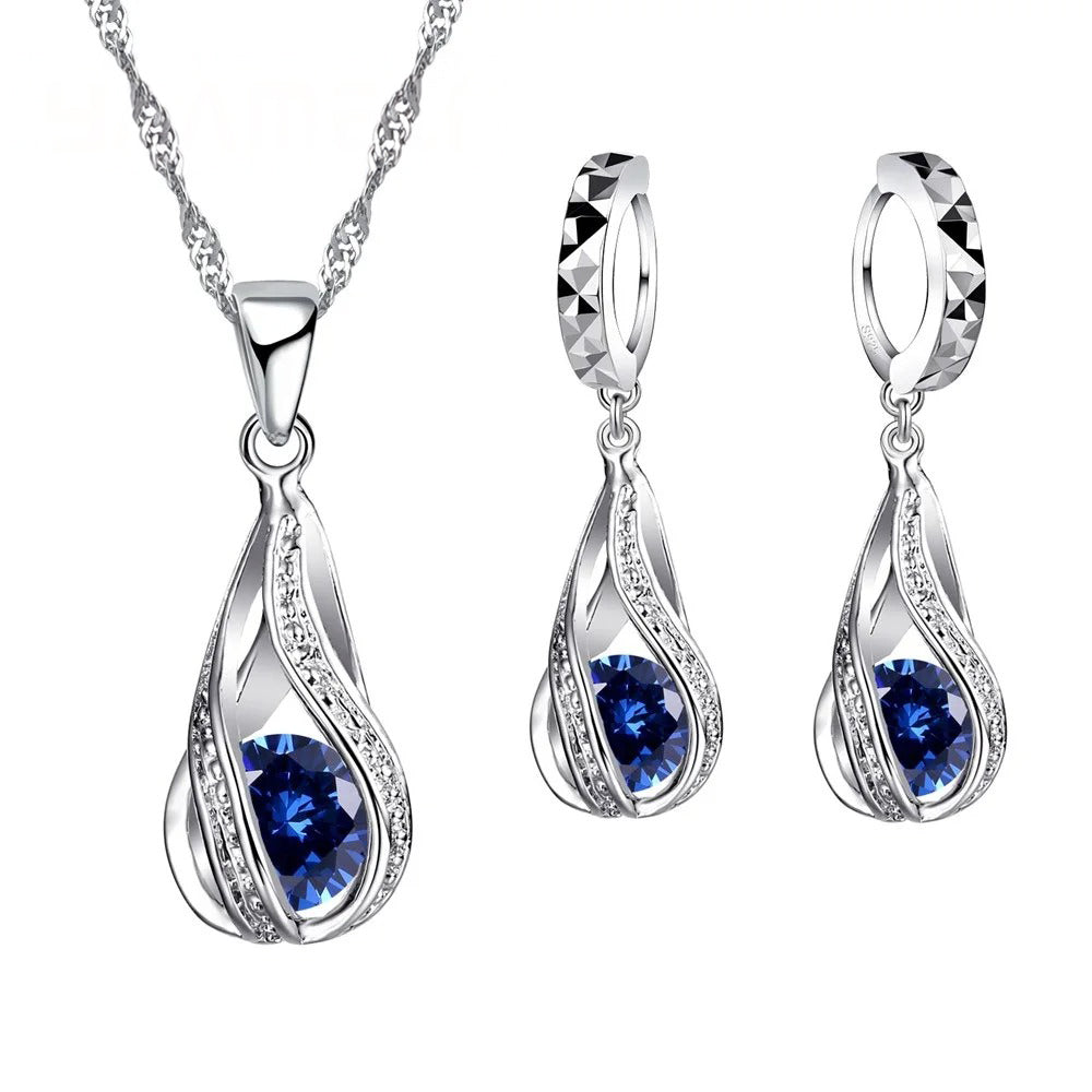 Dames Waterdruppel CZ Sieradenset | Verzilverde Ketting & Oorbellen | Elegant Cadeau