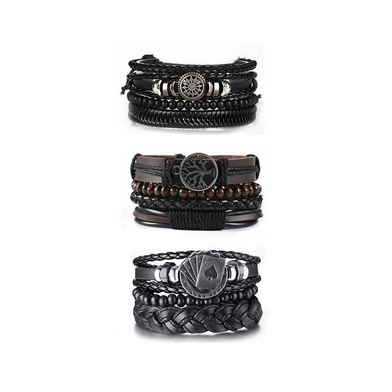 Heren Multi-Laags Wrap Armband Set | Handgemaakte Leren Bangles | Levensboom & Bedels