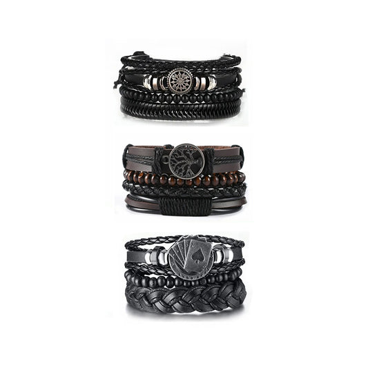 Heren Multi-Laags Wrap Armband Set | Handgemaakte Leren Bangles | Levensboom & Bedels