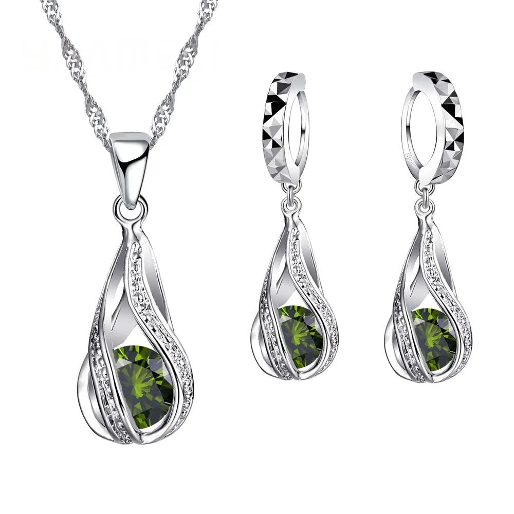 Dames Waterdruppel CZ Sieradenset | Verzilverde Ketting & Oorbellen | Elegant Cadeau