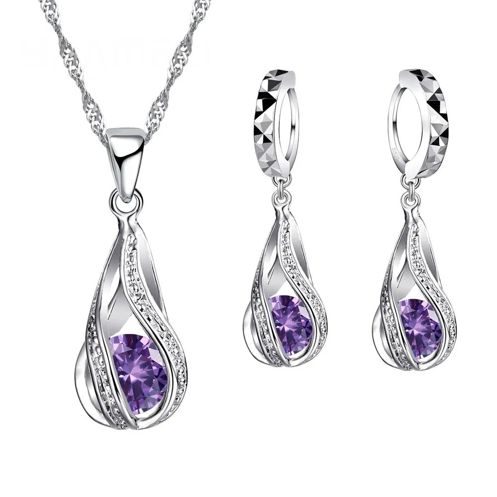 Dames Waterdruppel CZ Sieradenset | Verzilverde Ketting & Oorbellen | Elegant Cadeau