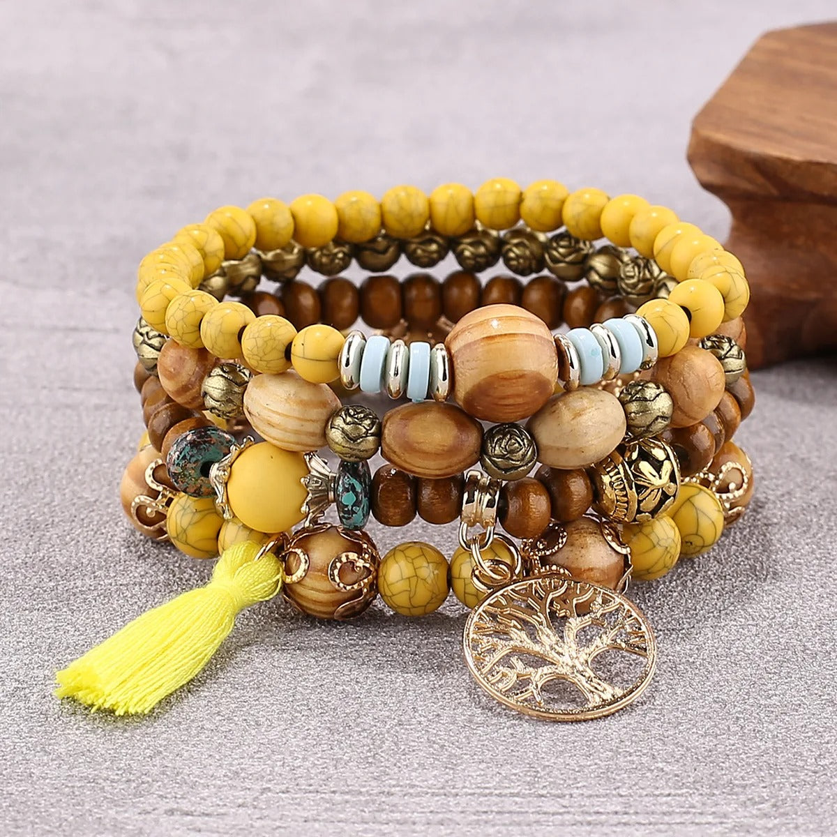 Dames Boho Levensboom Kralen Armband Set | Handgemaakte Houten Kralen | Gelaagde Stapel