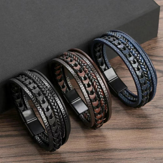 Heren Multi-Laags Leren Armband | Gevlochten Ketting Design | Magnetische Sluiting | Streetwear