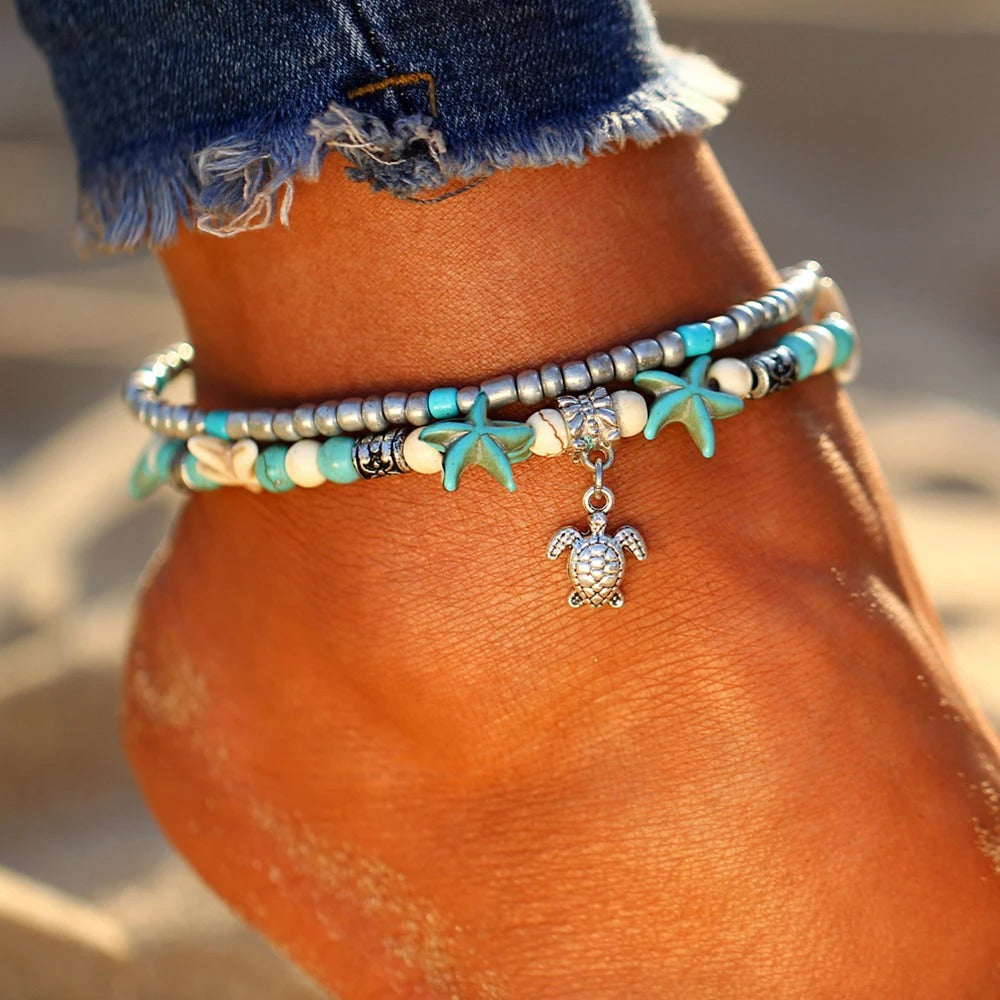 Dames Boho Zeeschildpad & Zeester Kralen Enkelbandarmband | Strandstijl | Gelaagde Enkel Armband