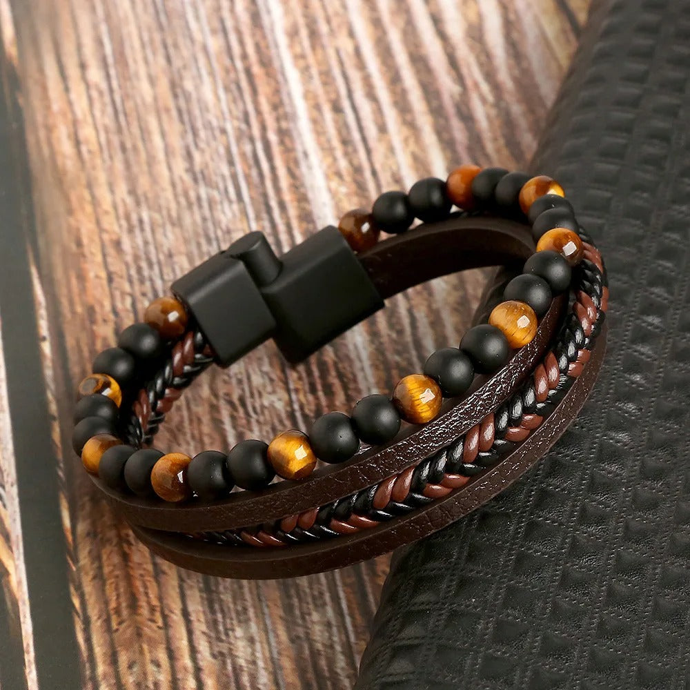 Heren Multi-Laags Leren Armband | Handgeweven met Natuurstenen Kralen | Tijgeroog & Lapis