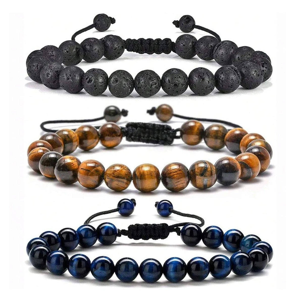 Natuursteen Kralen Armband | Tijgeroog, Lavarots & Onyx | Unisex Helende Energie