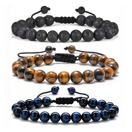 Natuursteen Kralen Armband | Tijgeroog, Lavarots & Onyx | Unisex Helende Energie