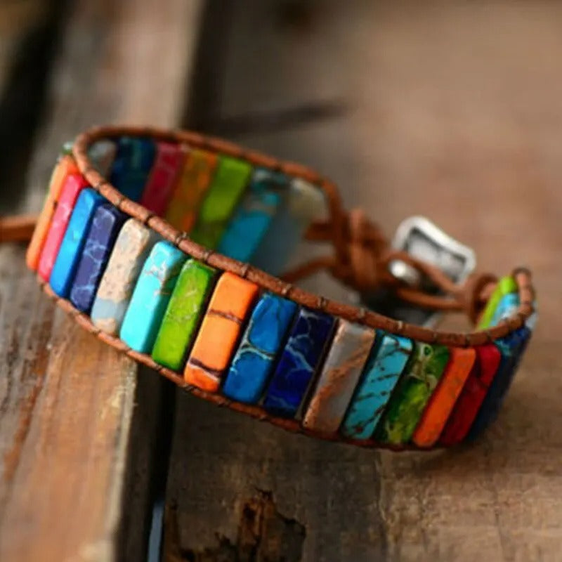 Boho Meerkleurige Steen Wrap Armband | Handgemaakt Leer Chakra Genezing | Unisex