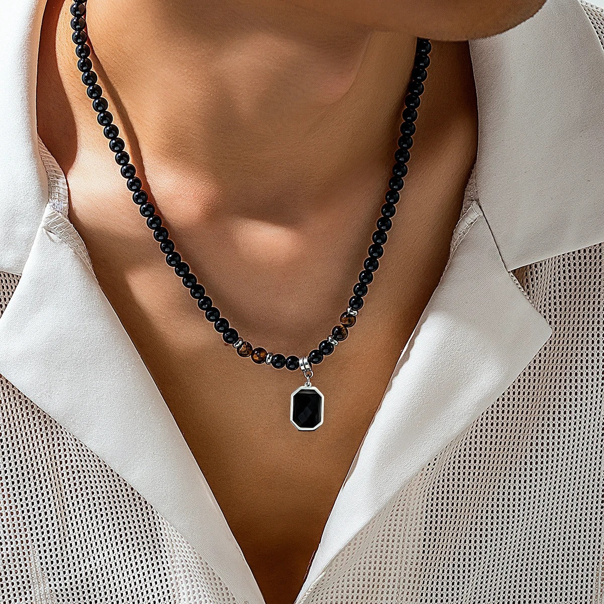 Heren Zwarte Kralen Ketting | Vierkante Hanger | Roestvrij Staal & Acryl | Streetwear Stijl