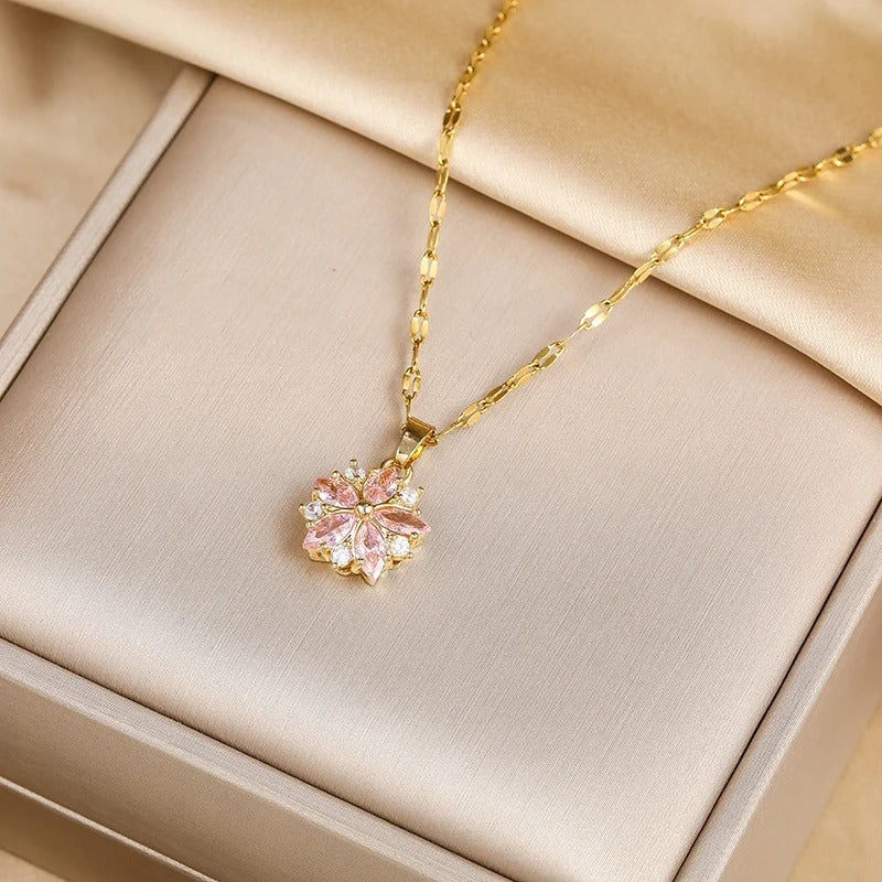 Dames Roze Sakura Hanger Ketting | 18K Verguld Roestvrij Staal | Romantisch Cadeau