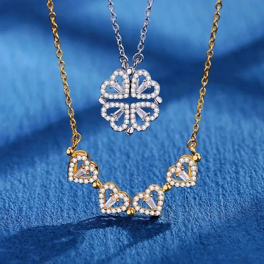 Dames Vier-Hart Bloem Hanger Ketting | 18K Verguld | Dubbel-Draagbaar Magnetisch Design