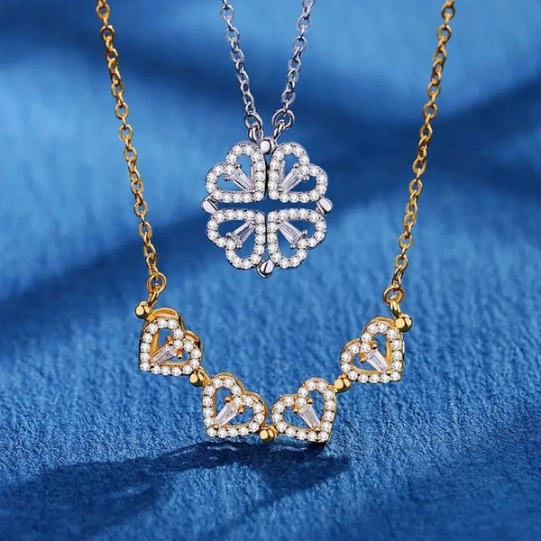 Dames Vier-Hart Bloem Hanger Ketting | 18K Verguld | Dubbel-Draagbaar Magnetisch Design