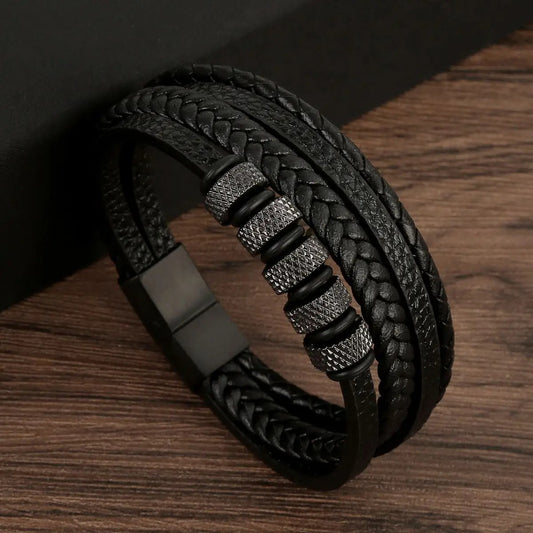 Heren Multi-Laags Leren Armband | Bevroren Metalen Accenten | Magnetische Gesp | Streetwear