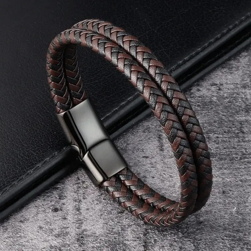 Heren Gevlochten Leren Armband | Dubbele Band | Magnetische Sluiting | Klassieke Stijl
