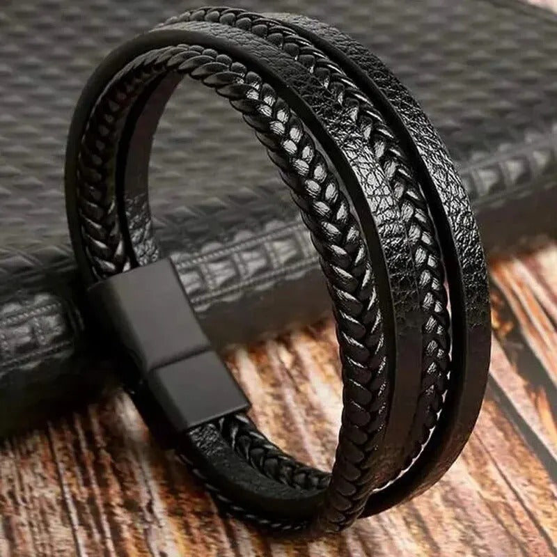 Heren Multi-Laags Gevlochten Leren Armband | Strakke Zwarte Manchet | Magnetische Sluiting