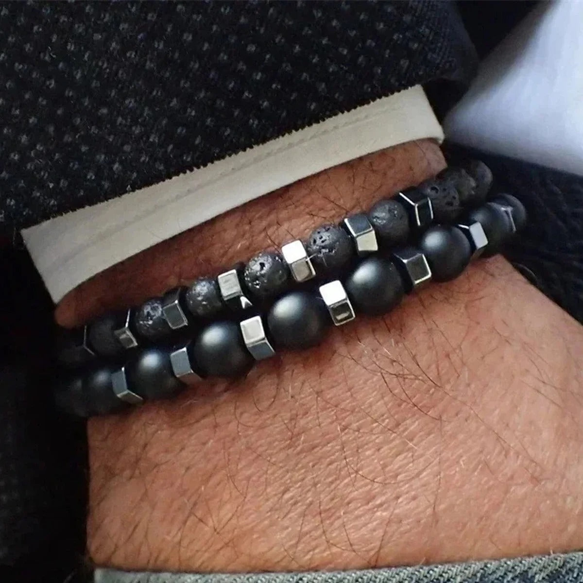 Heren Lavasteen & Mat Onyx Armband Set | Stapelbare Energie Armband | Natuursteen