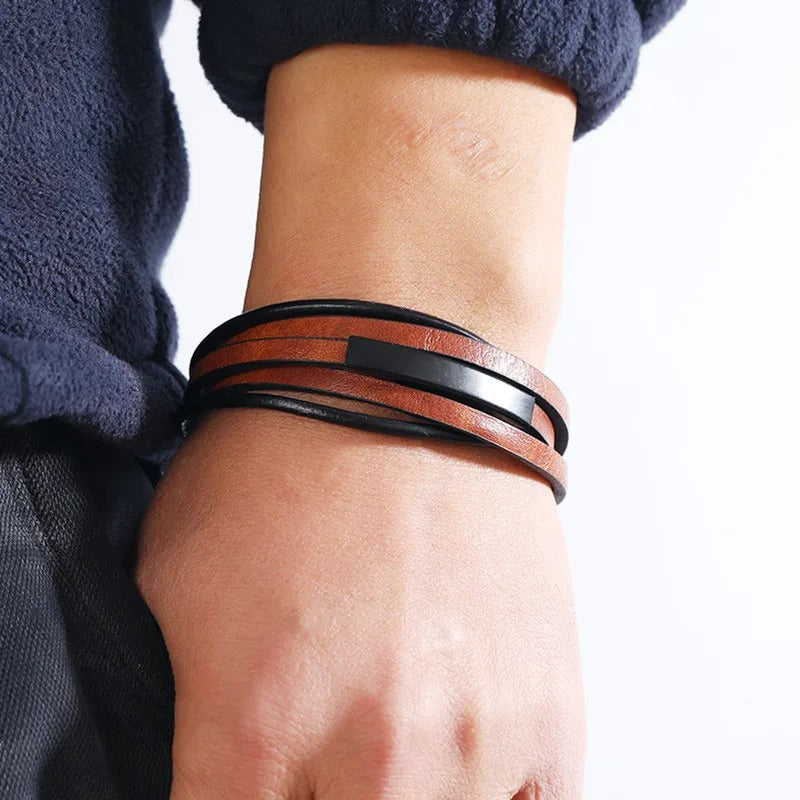 Heren Multi-Laags Leren Armband | Retro Punk Stijl | Magnetische Sluiting