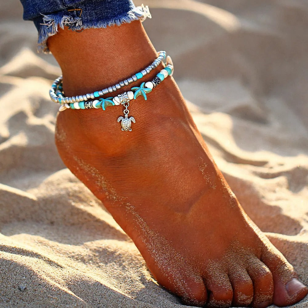 Dames Boho Zeeschildpad & Zeester Kralen Enkelbandarmband | Strandstijl | Gelaagde Enkel Armband