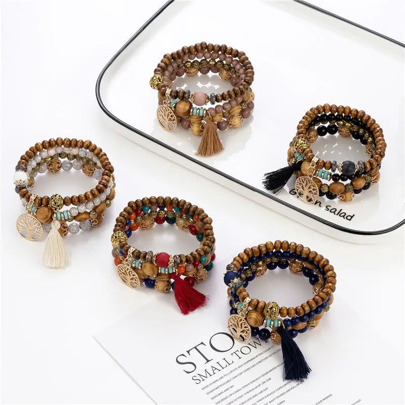 Dames Boho Levensboom Kralen Armband Set | Handgemaakte Houten Kralen | Gelaagde Stapel