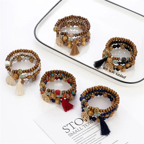 Dames Boho Levensboom Kralen Armband Set | Handgemaakte Houten Kralen | Gelaagde Stapel