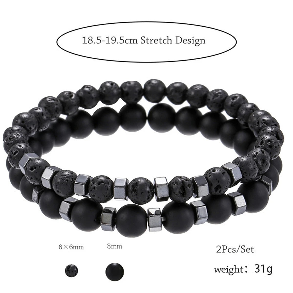 Heren Lavasteen & Mat Onyx Armband Set | Stapelbare Energie Armband | Natuursteen