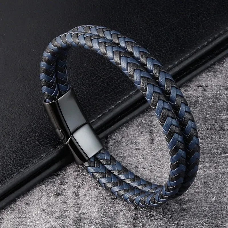Heren Gevlochten Leren Armband | Dubbele Band | Magnetische Sluiting | Klassieke Stijl