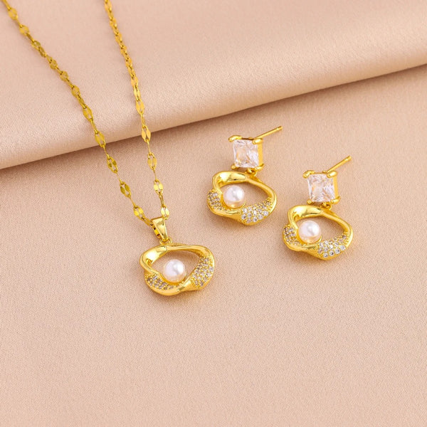 Dames 18K Vergulde Parel & CZ Sieradenset | Ketting & Oorbellen | Luxe Cadeau