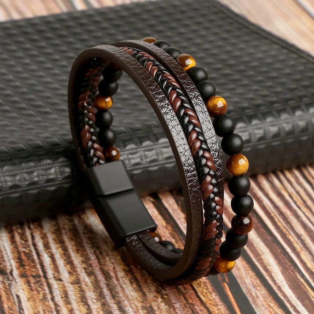 Heren Multi-Laags Leren Armband | Handgeweven met Natuurstenen Kralen | Tijgeroog & Lapis