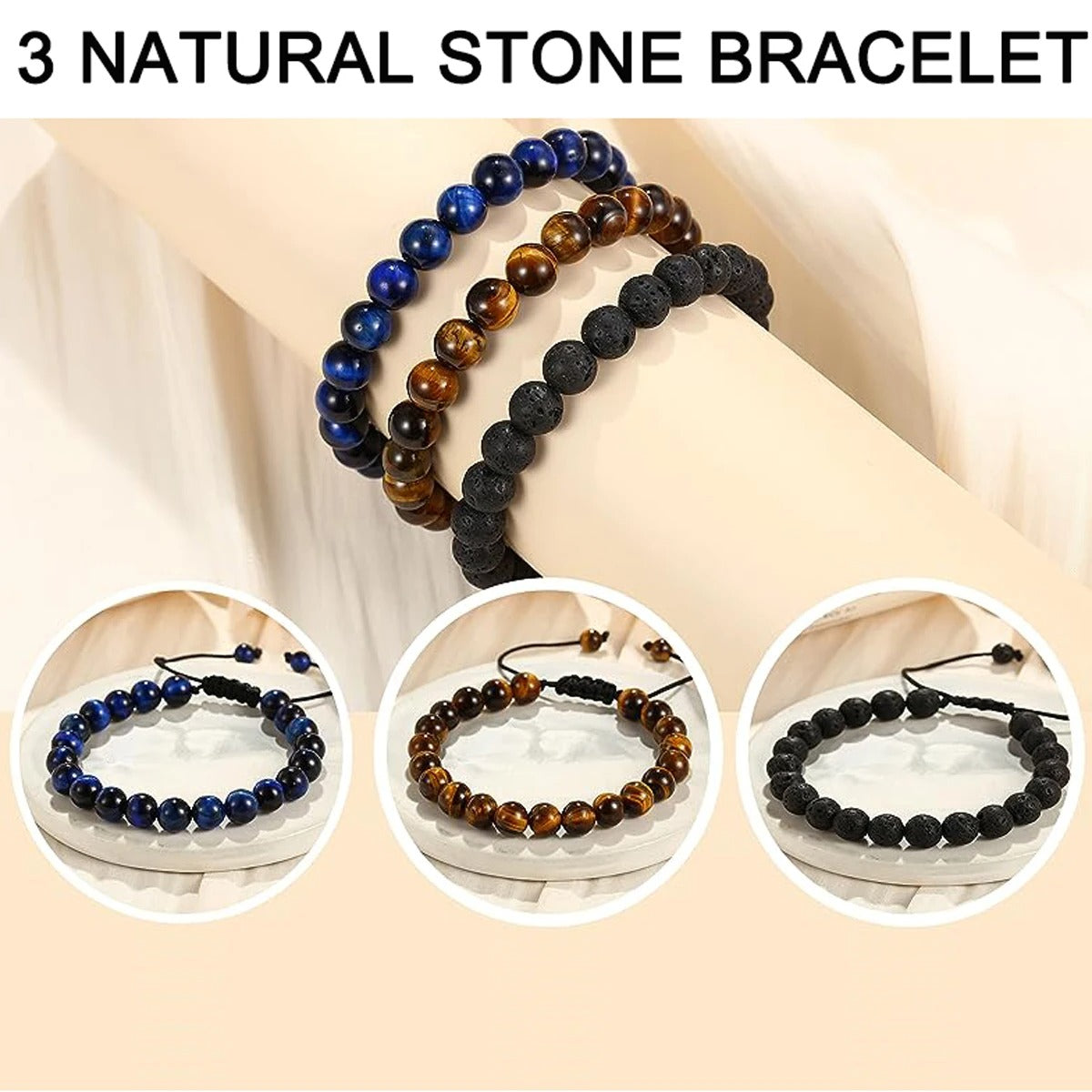 Natuursteen Kralen Armband | Tijgeroog, Lavarots & Onyx | Unisex Helende Energie