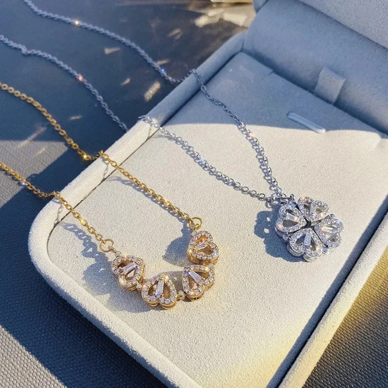 Dames Vier-Hart Bloem Hanger Ketting | 18K Verguld | Dubbel-Draagbaar Magnetisch Design