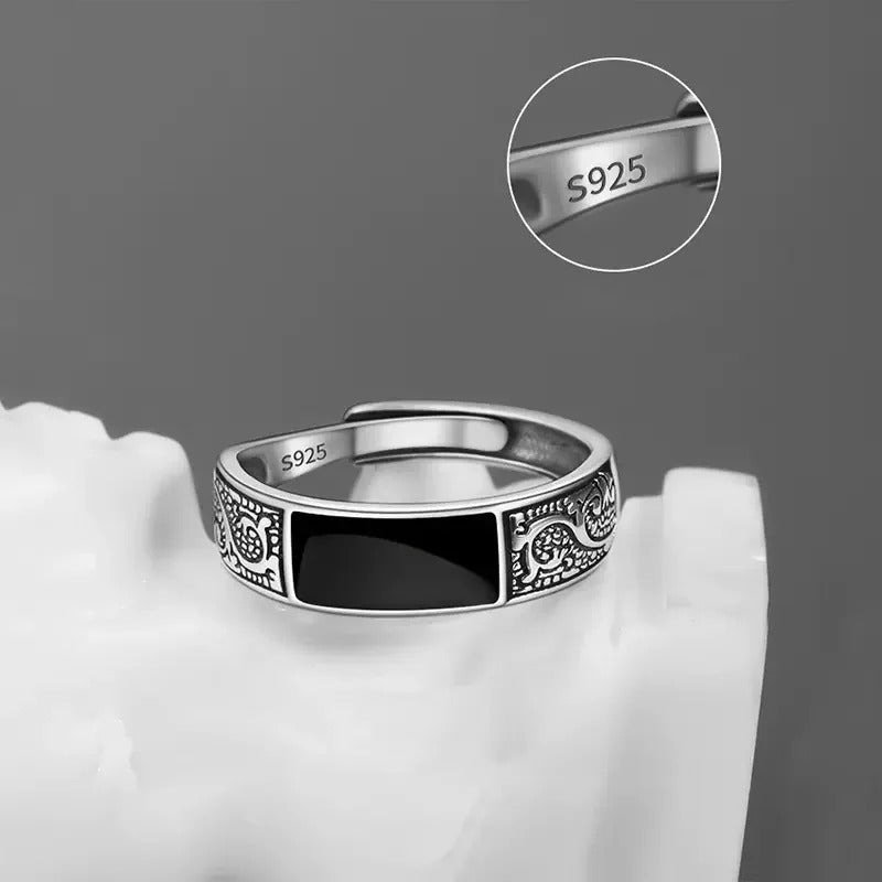 Vintage Zwart Onyx Draak Ring | Open Verstelbare Band | Unisex Retro Gotische Stijl