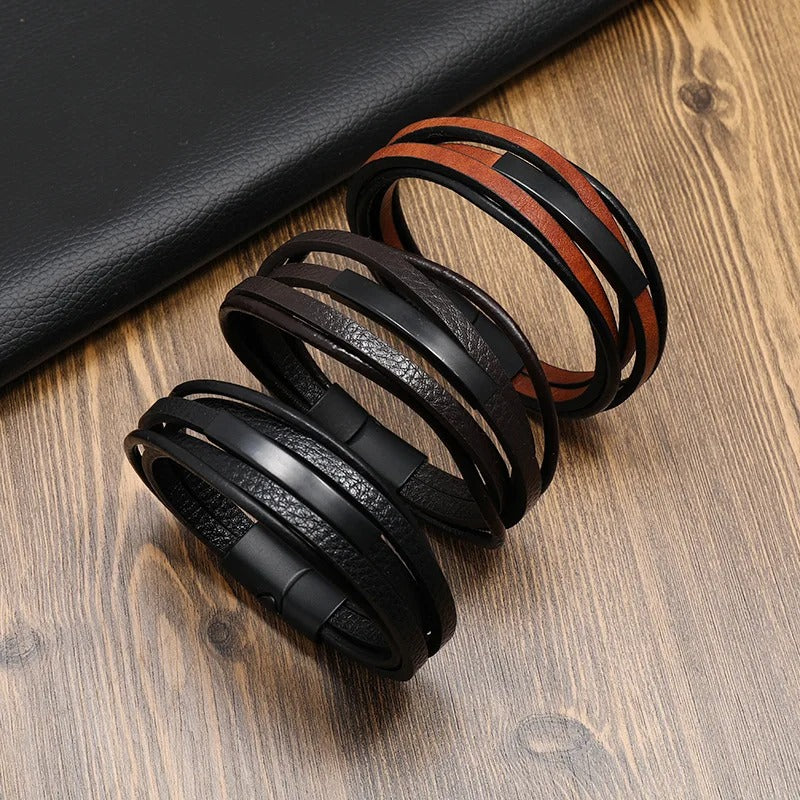 Heren Multi-Laags Leren Armband | Retro Punk Stijl | Magnetische Sluiting