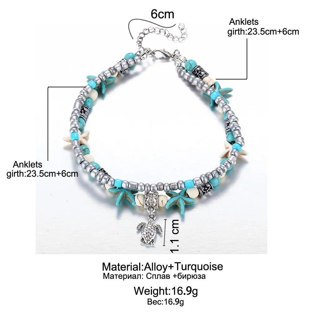 Dames Boho Zeeschildpad & Zeester Kralen Enkelbandarmband | Strandstijl | Gelaagde Enkel Armband
