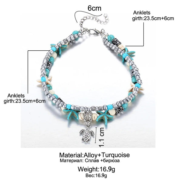Dames Boho Zeeschildpad & Zeester Kralen Enkelbandarmband | Strandstijl | Gelaagde Enkel Armband