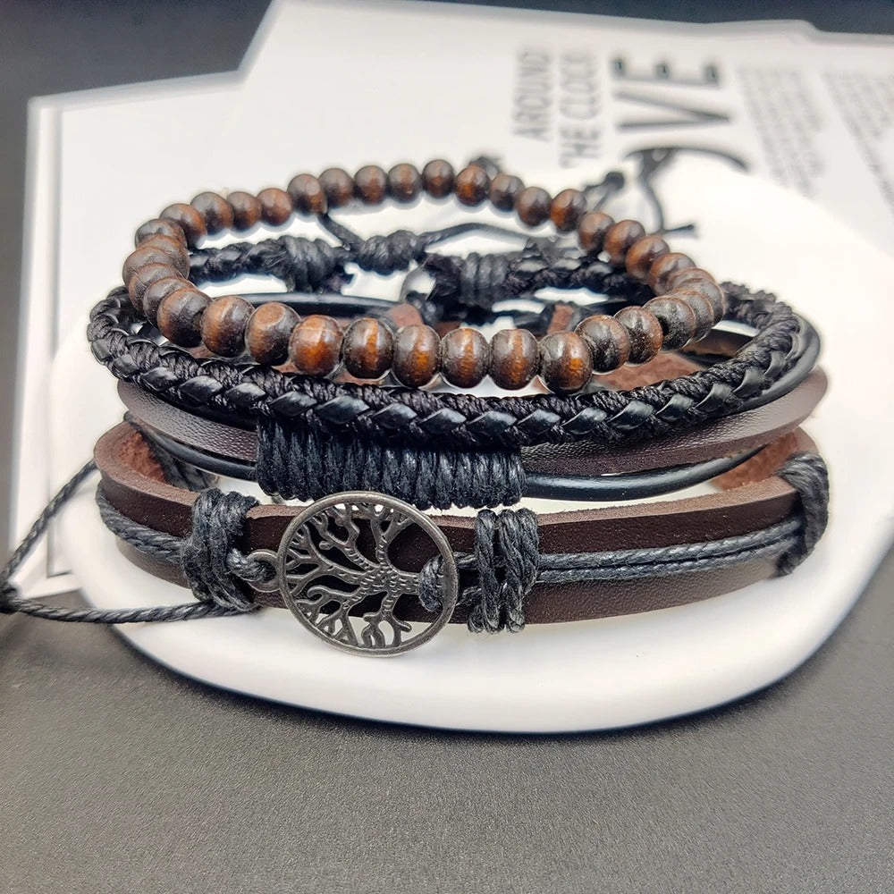 Heren Multi-Laags Wrap Armband Set | Handgemaakte Leren Bangles | Levensboom & Bedels
