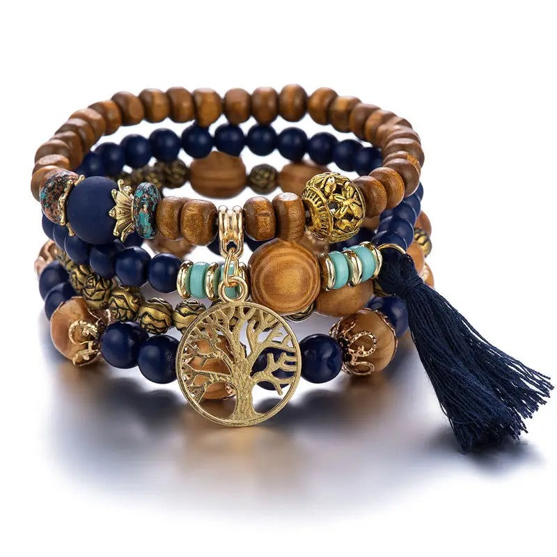 Dames Boho Levensboom Kralen Armband Set | Handgemaakte Houten Kralen | Gelaagde Stapel