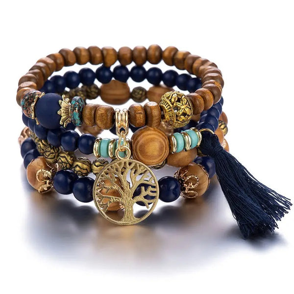 Dames Boho Levensboom Kralen Armband Set | Handgemaakte Houten Kralen | Gelaagde Stapel