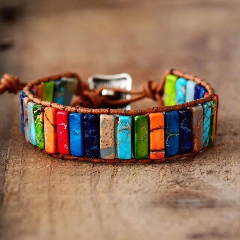 Boho Meerkleurige Steen Wrap Armband | Handgemaakt Leer Chakra Genezing | Unisex