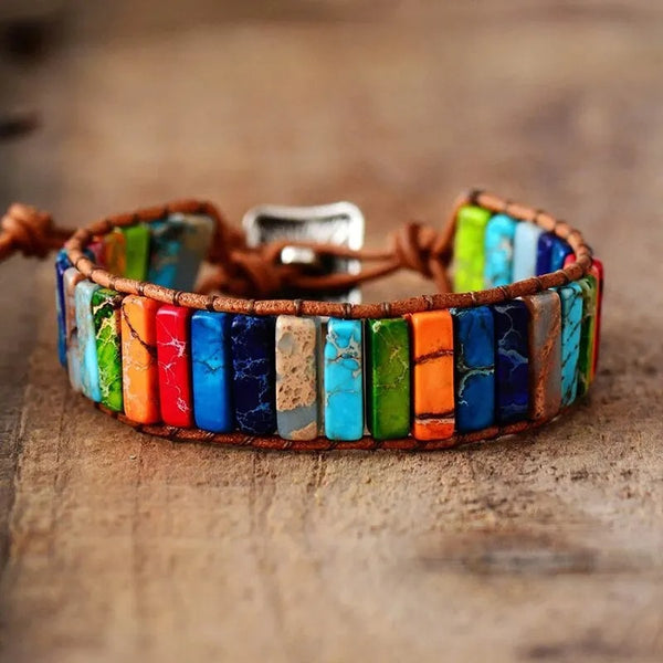 Boho Meerkleurige Steen Wrap Armband | Handgemaakt Leer Chakra Genezing | Unisex