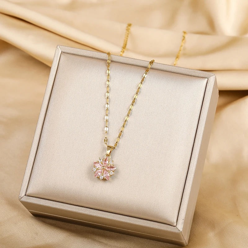 Dames Roze Sakura Hanger Ketting | 18K Verguld Roestvrij Staal | Romantisch Cadeau