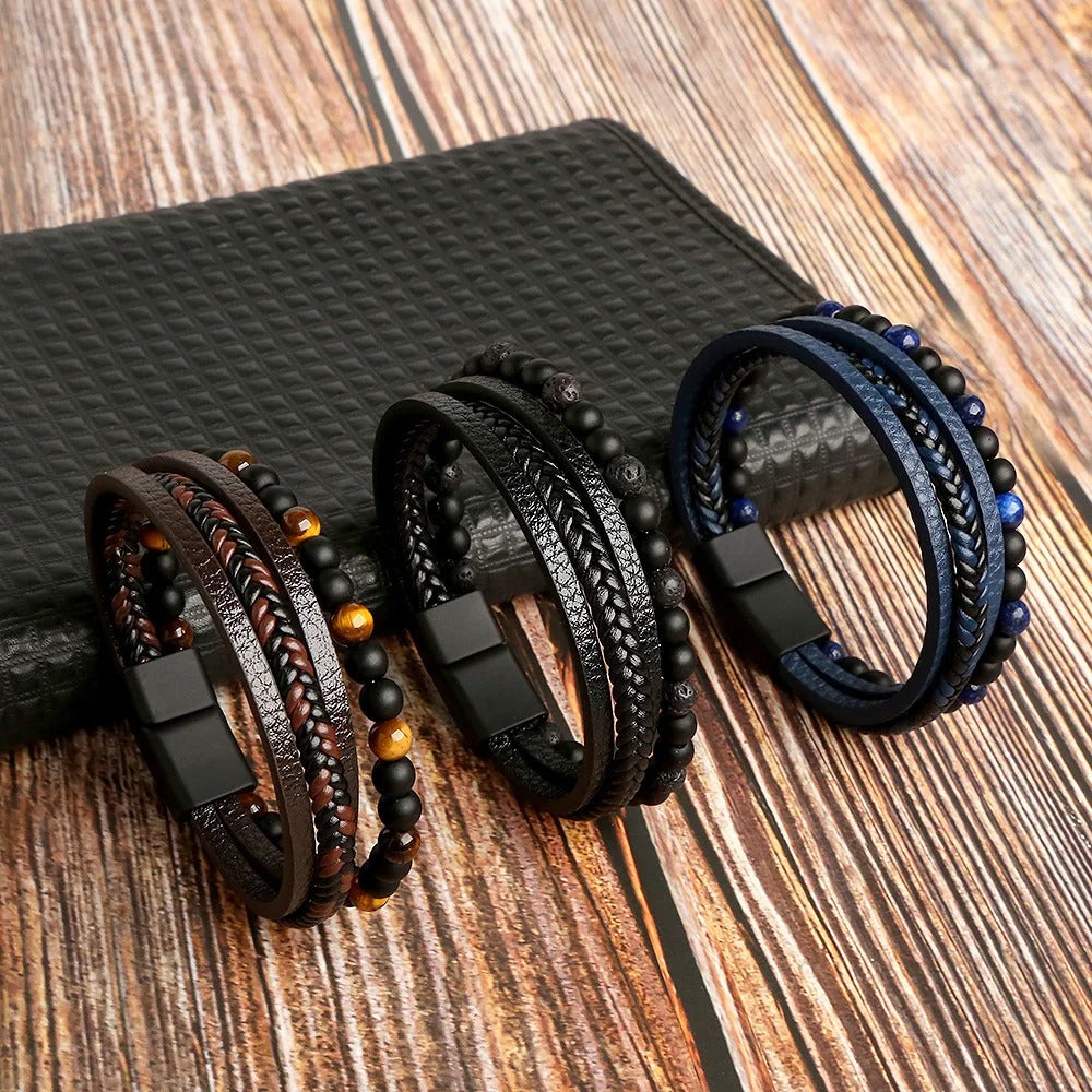 Heren Multi-Laags Leren Armband | Handgeweven met Natuurstenen Kralen | Tijgeroog & Lapis