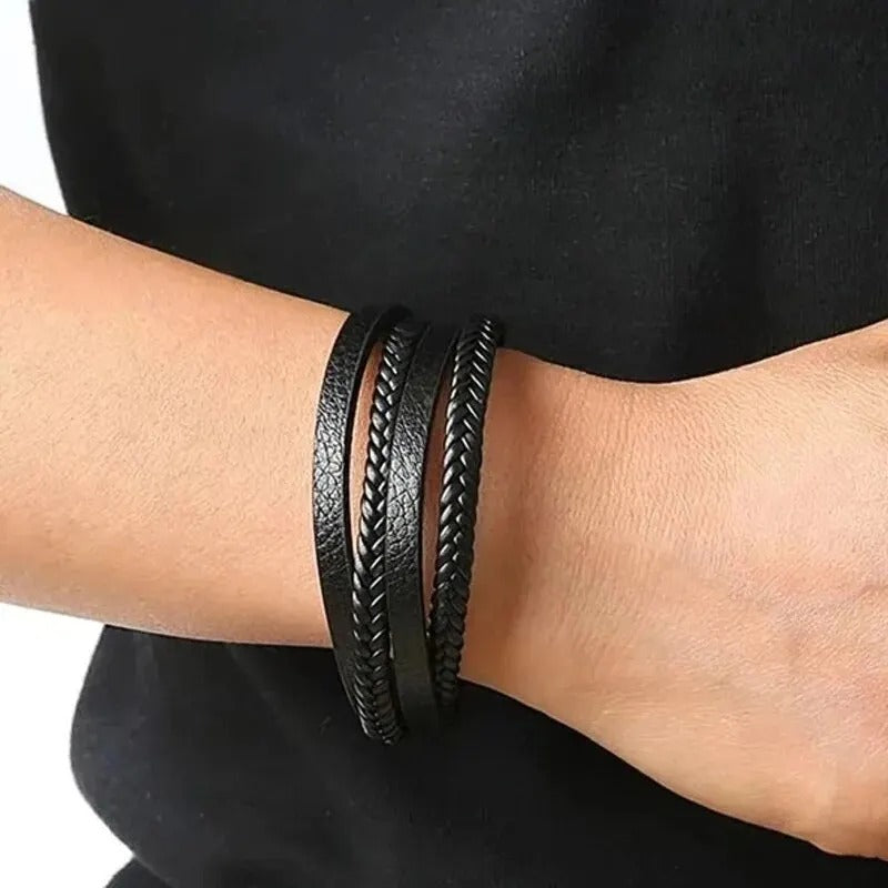 Heren Multi-Laags Gevlochten Leren Armband | Strakke Zwarte Manchet | Magnetische Sluiting