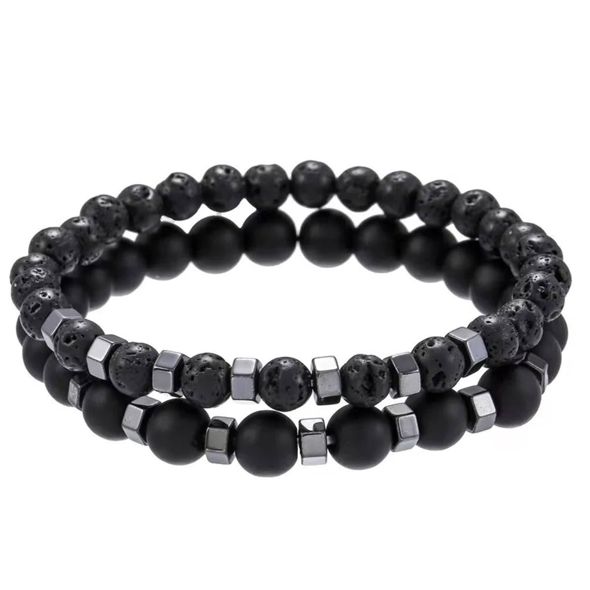 Heren Lavasteen & Mat Onyx Armband Set | Stapelbare Energie Armband | Natuursteen