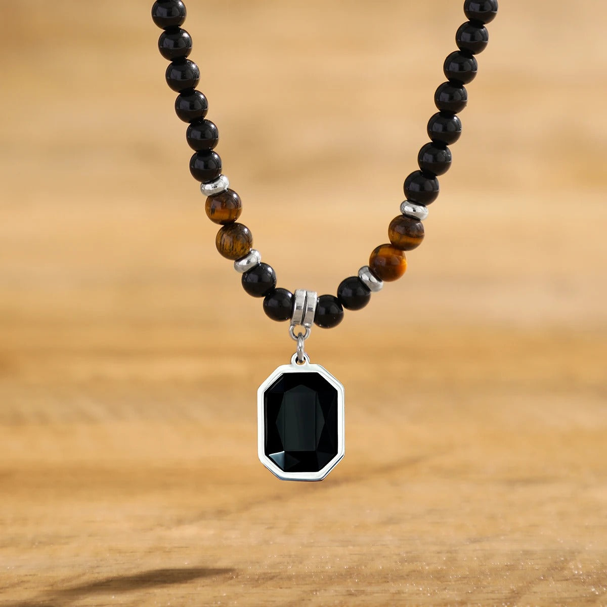 Heren Zwarte Kralen Ketting | Vierkante Hanger | Roestvrij Staal & Acryl | Streetwear Stijl