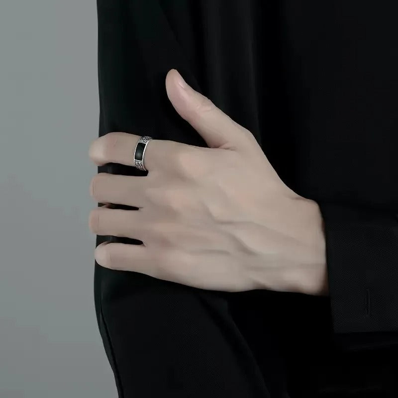 Vintage Zwart Onyx Draak Ring | Open Verstelbare Band | Unisex Retro Gotische Stijl