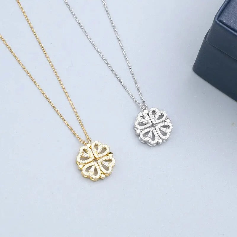 Dames Vier-Hart Bloem Hanger Ketting | 18K Verguld | Dubbel-Draagbaar Magnetisch Design