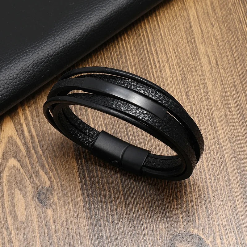 Heren Multi-Laags Leren Armband | Retro Punk Stijl | Magnetische Sluiting