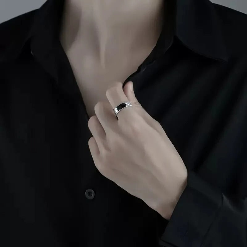 Vintage Zwart Onyx Draak Ring | Open Verstelbare Band | Unisex Retro Gotische Stijl