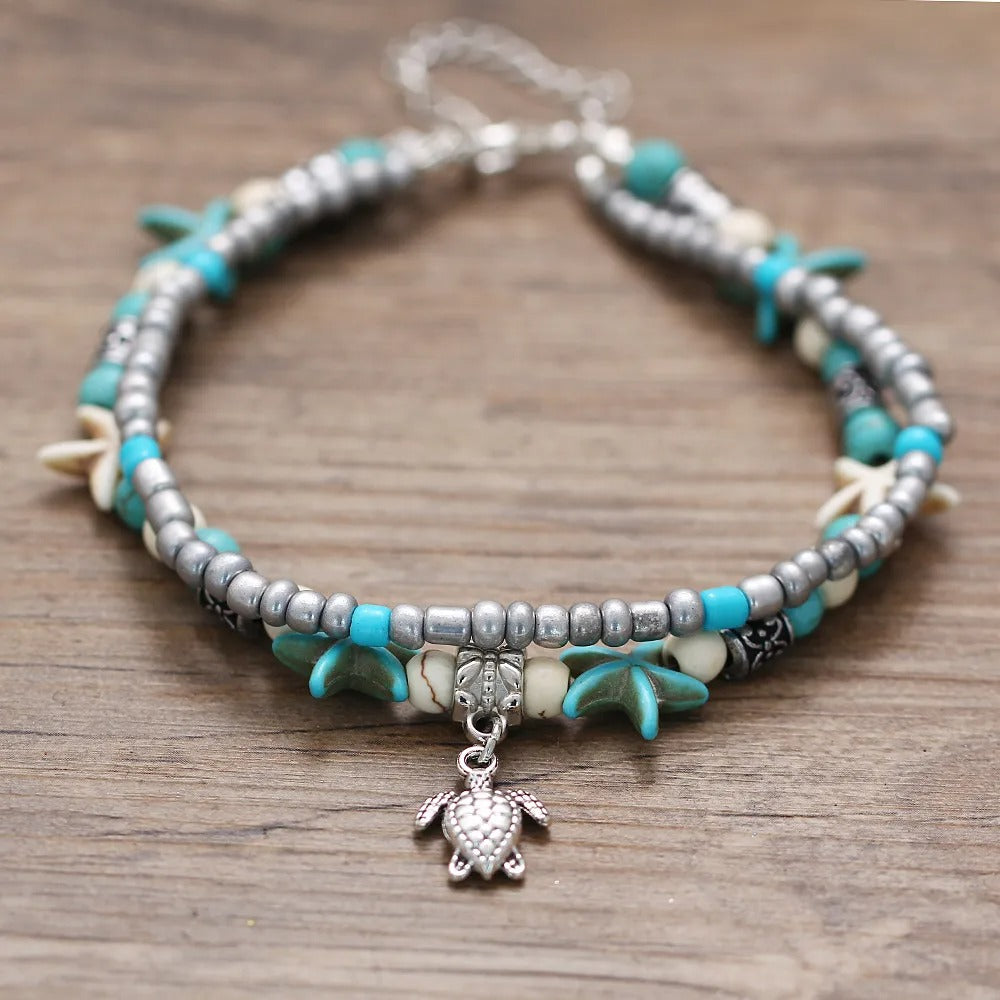 Dames Boho Zeeschildpad & Zeester Kralen Enkelbandarmband | Strandstijl | Gelaagde Enkel Armband